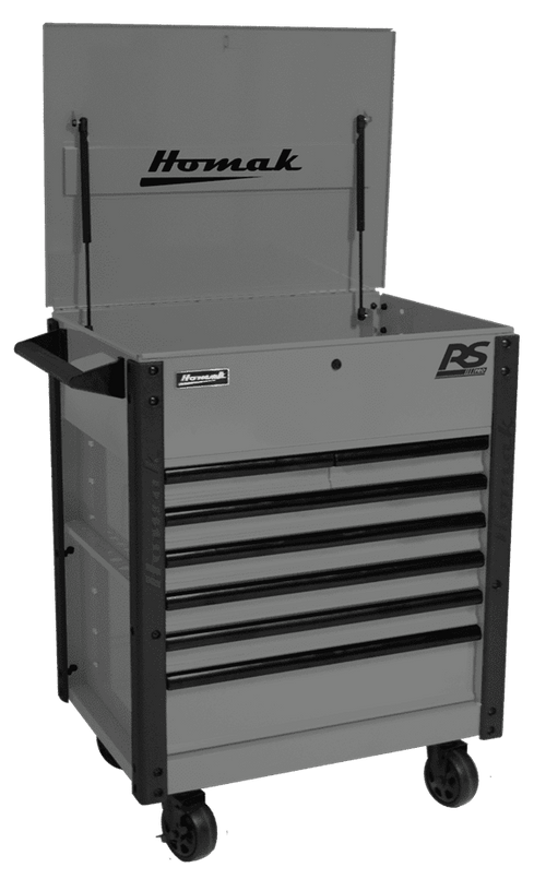 Homak RS Pro 7-Drawer Service Cart in Battleship Gray with lockable flip-top lid open, angled view