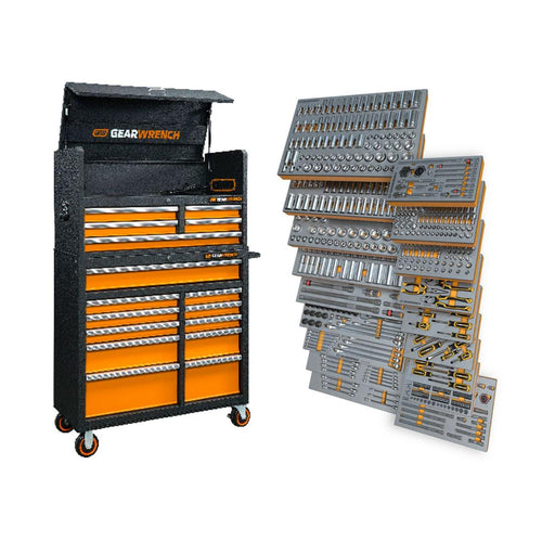 Gearwrench MEGAMOD873 873-Piece Mechanics Tool Set with GSX rolling cabinet, top chest, and foam tool trays