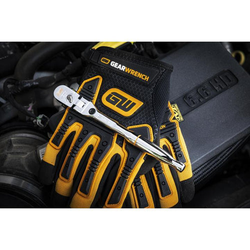 Gearwrench 81054 120XP Locking Flex Head Ratchet resting on work glove near engine bay