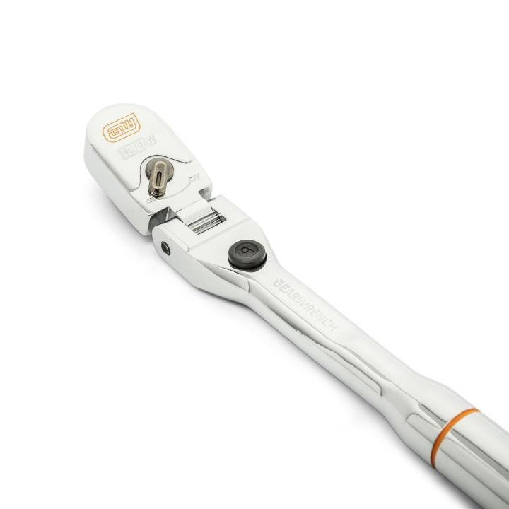 Gearwrench 81054 120XP Locking Flex Head Ratchet - close-up of flex head and locking push-button mechanism