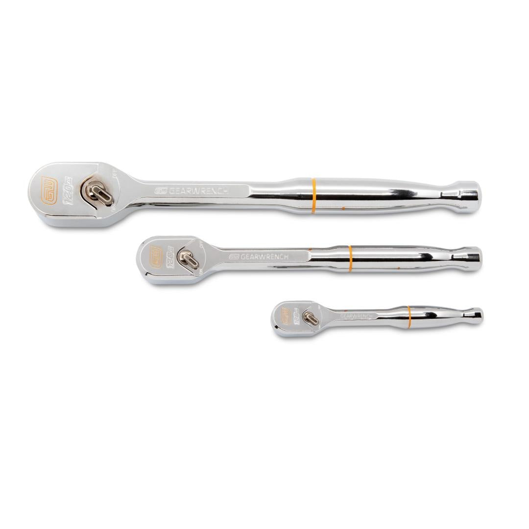 Gearwrench 81206XP 3-piece 1/4, 3/8 and 1/2 Drive 120XP Full Polish Teardrop Ratchet Set on white background