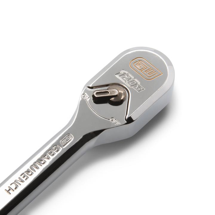 Close-up of Gearwrench 120XP ratchet head with direction switch and 120XP branding