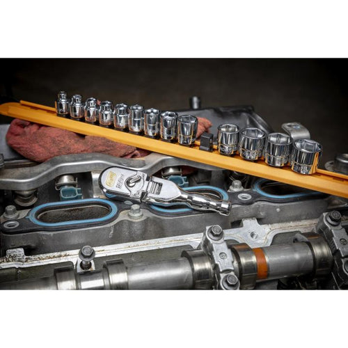 Gearwrench 81212XP stubby flex head ratchet in use on engine valve cover with socket set