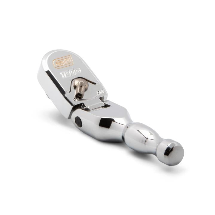 Gearwrench 81212XP stubby flex head ratchet angled view showing drive tang and teardrop head