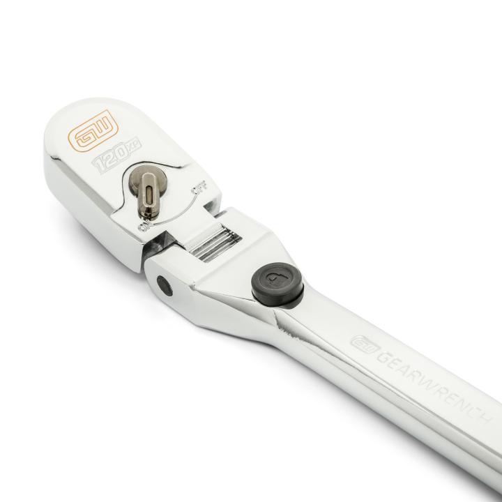 Gearwrench 81297 120XP Locking Flex Head Ratchet - close-up of teardrop head with on/off switch and flex hinge