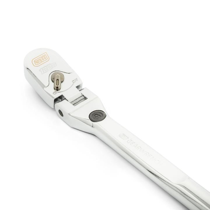 Gearwrench 81297 120XP Locking Flex Head Ratchet - angled close-up of flex head locking mechanism and push button