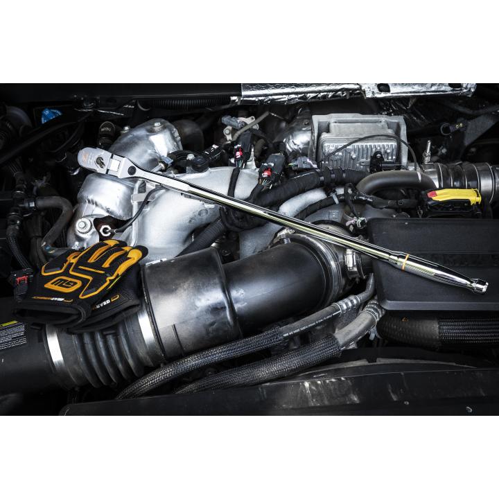 Gearwrench 81376 120XP Locking Flex Head Ratchet in use under vehicle hood in engine bay