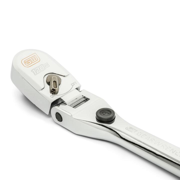 Gearwrench 81376 120XP Ratchet close-up of locking flex head and on/off switch mechanism