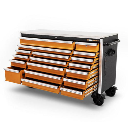 Gearwrench MEGAMOD1268 72-inch mobile workbench with orange drawers open, angle view