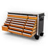 Gearwrench MEGAMOD1268 72-inch mobile workbench with orange drawers open, angle view