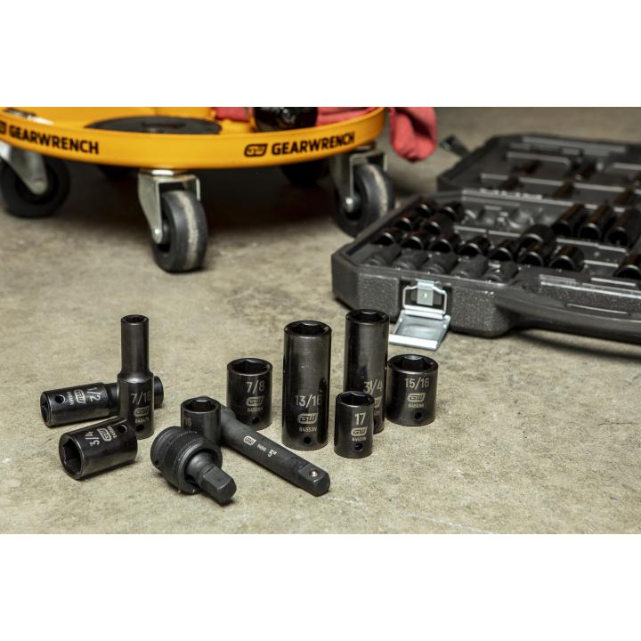 Gearwrench 89095 Impact Socket Set with blow mold storage case on garage floor beside tool cart