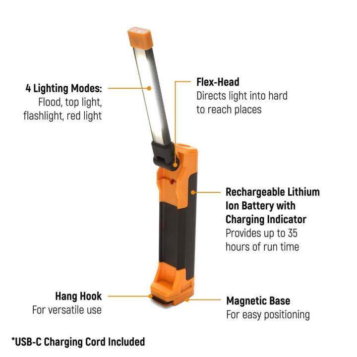 Gearwrench GWFL105 Rechargeable Light feature callout infographic showing flex head, 4 lighting modes, rechargeable battery, hang hook, and magnetic base