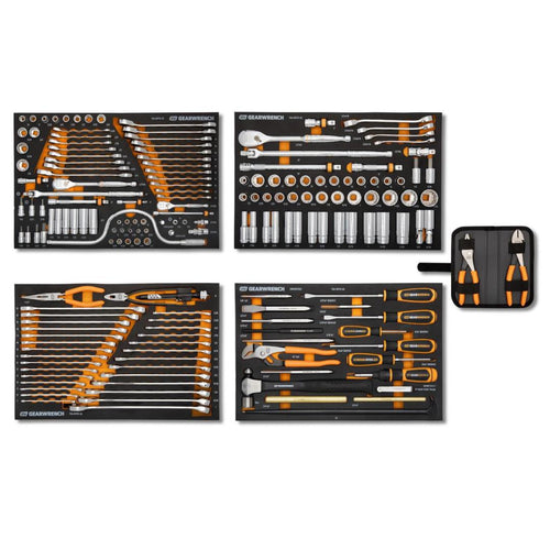 Gearwrench GWGMTK184 184-Piece GMTK Tool Kit displayed across four foam trays with pliers pouch