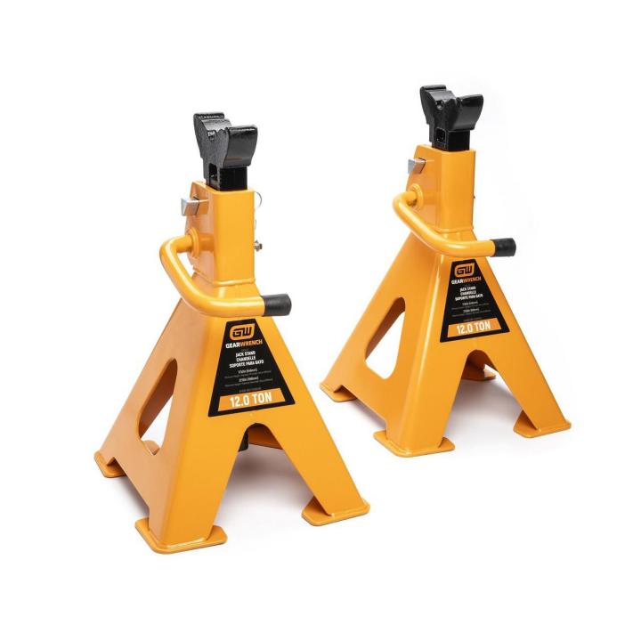 Gearwrench 12-Ton Ratcheting Jack Stands 2-Pack in orange and black, product view on white background