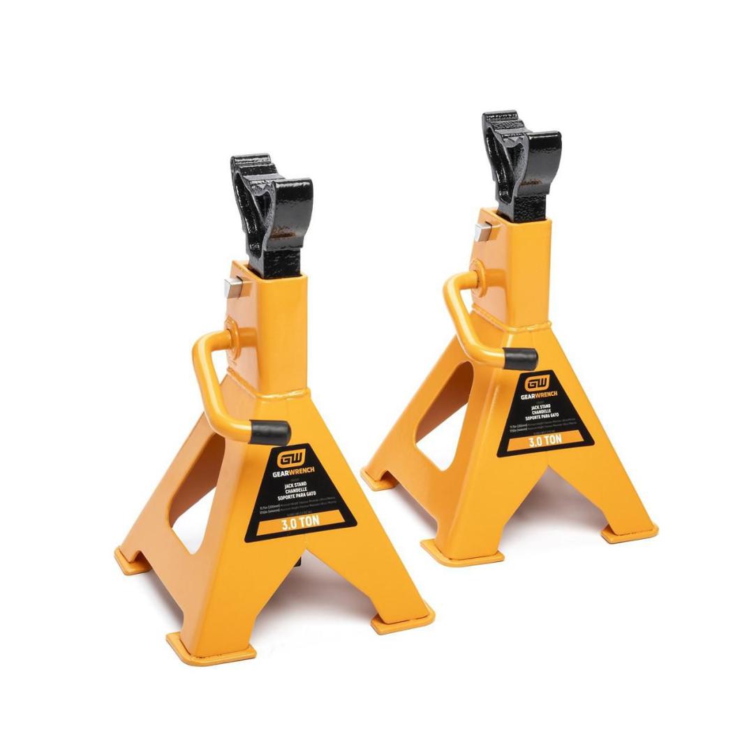 Gearwrench GWJS3T 3-Ton Ratcheting Jack Stands 2-Pack in orange and black, main product view on white background