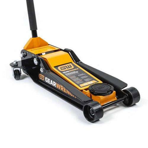 Gearwrench GWLPFJ3T 3.5 Ton Low Profile Floor Jack angled front view in Molten Orange and Black