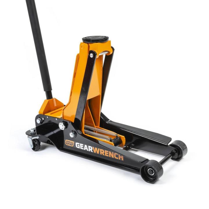 Gearwrench GWLPFJ3T 3.5 Ton Low Profile Floor Jack extended side view showing spring mechanism
