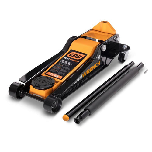 Gearwrench GWLPFJ3T 3.5 Ton Low Profile Floor Jack with handle components laid out
