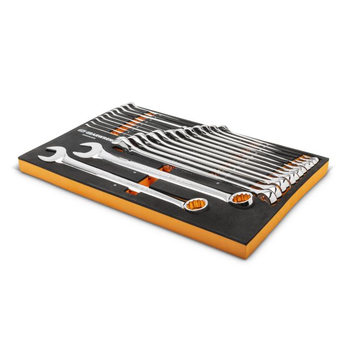 Gearwrench GWMSCWL12MM 24pc Metric Wrench Set in orange and black foam tray, angled view