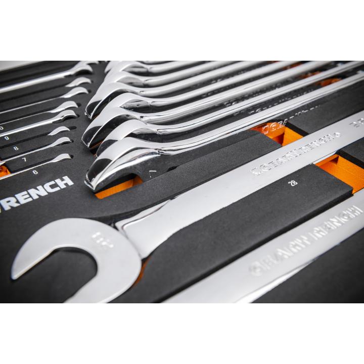 Close-up of Gearwrench GWMSCWL12MM Metric Combination Wrenches arranged in black and orange foam tray