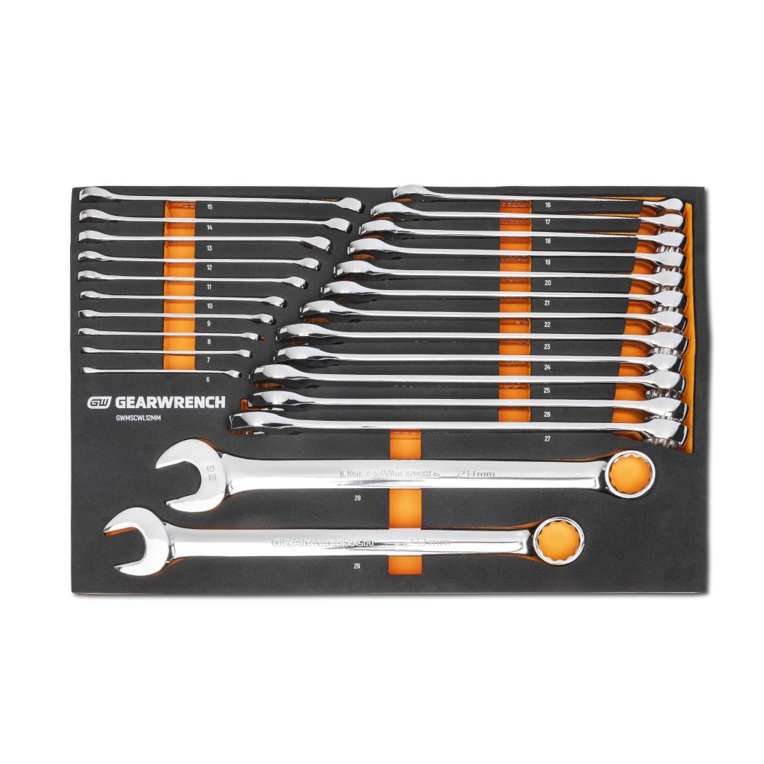 Gearwrench GWMSCWL12MM 24pc Metric Combination Wrench Set in Black and Orange Foam Storage Tray, top view