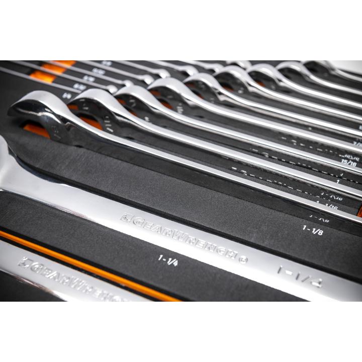Close-up of Gearwrench GWMSCWL12SAE 19-Piece Long Pattern SAE Combination Wrenches nested in foam tray showing size markings