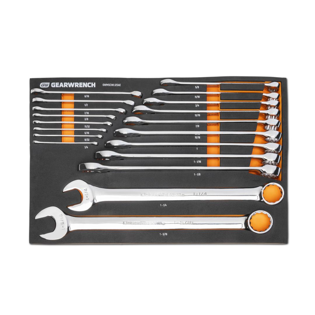 Gearwrench GWMSCWL12SAE 19-Piece 12-Point Long Pattern Combination SAE Wrench Set in black and orange foam storage tray, top view