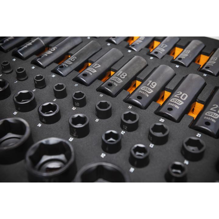 Close-up of Gearwrench Black Oxide Metric Impact Sockets Organized in Foam Tray