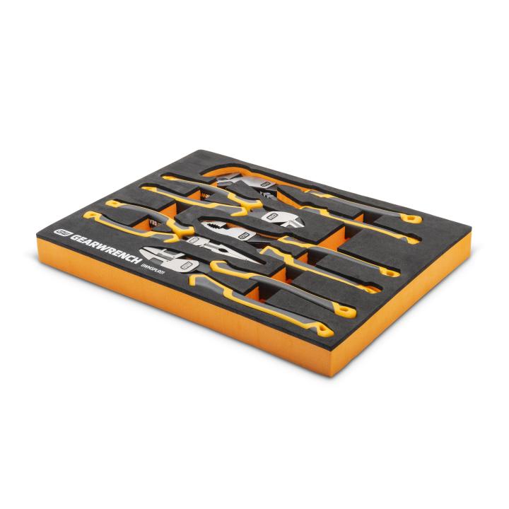 Angled view of Gearwrench GWMSPLR01 PITBULL 5-Piece Pliers Set in foam storage tray showing orange base