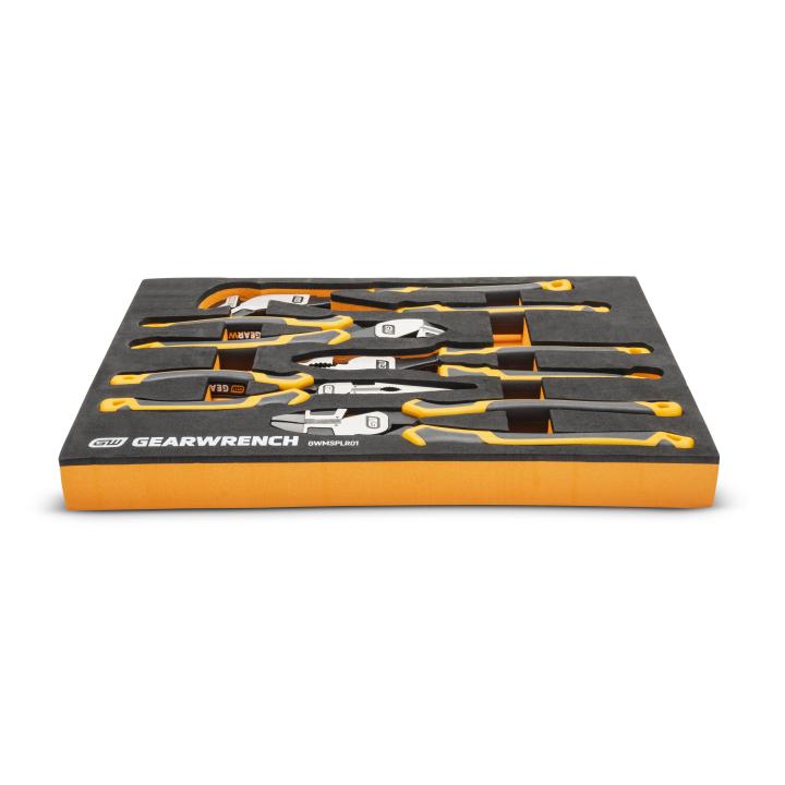 Side angled view of Gearwrench GWMSPLR01 PITBULL Pliers Set in foam tray with GEARWRENCH branding visible