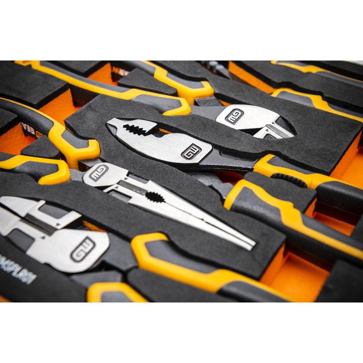 Close-up detail of PITBULL cushion grip pliers secured in contrasting orange and black foam tray cutouts