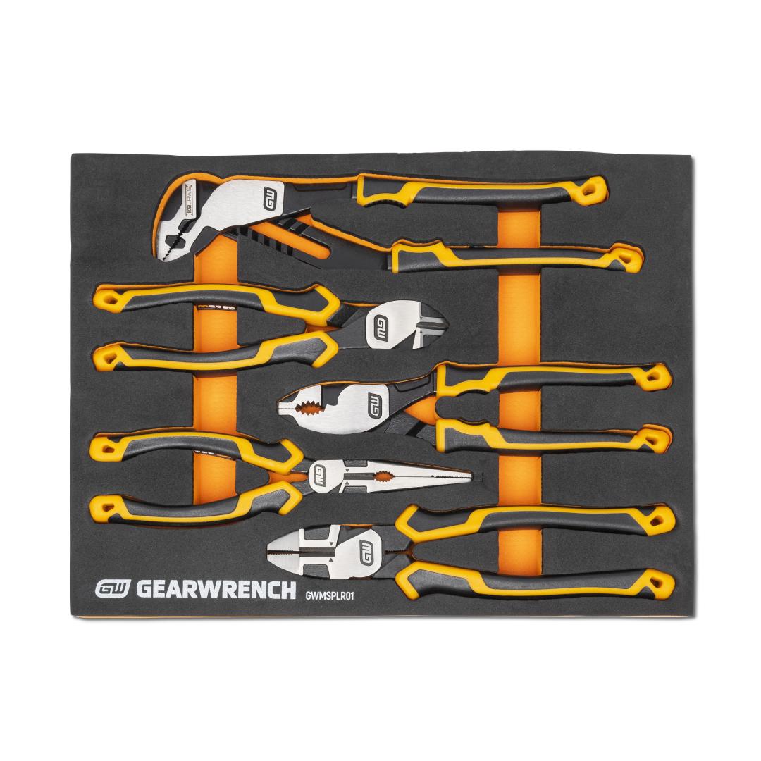 Gearwrench GWMSPLR01 5-Piece PITBULL Cushion Grip Pliers Set in orange and black foam storage tray, top view
