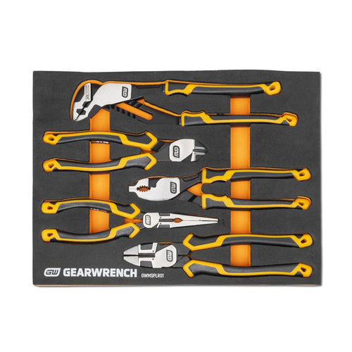 Gearwrench GWMSPLR01 5-Piece PITBULL Cushion Grip Pliers Set in orange and black foam storage tray, top view