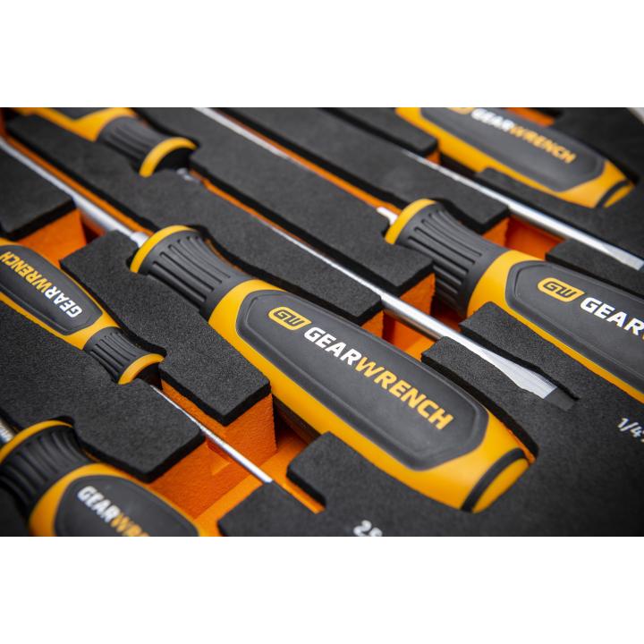 Close-up of Gearwrench screwdriver handles seated in custom-cut foam storage tray