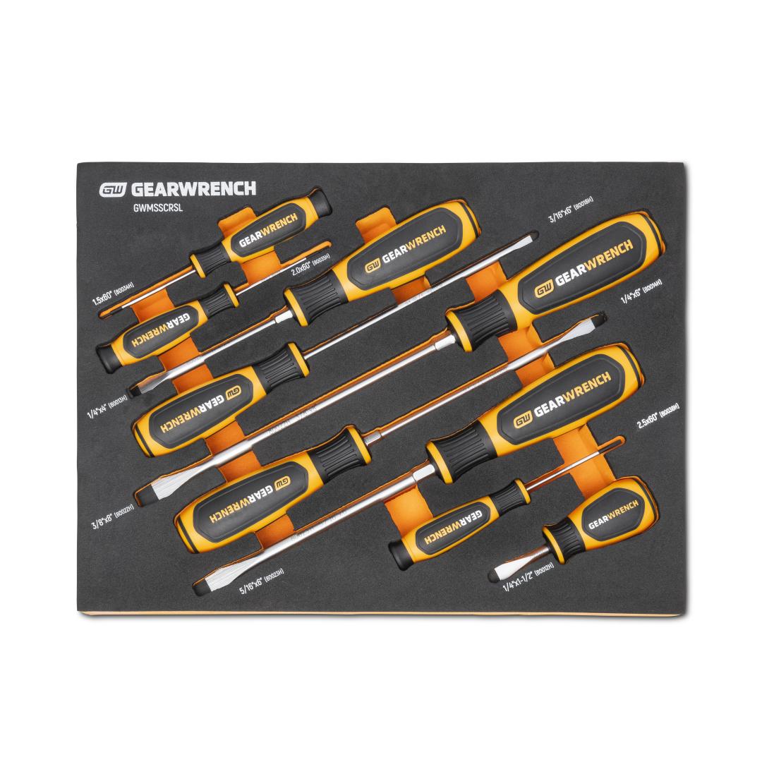 Gearwrench GWMSSCRSL 9 Piece Slotted Dual Material Screwdriver Set arranged in black and orange foam storage tray