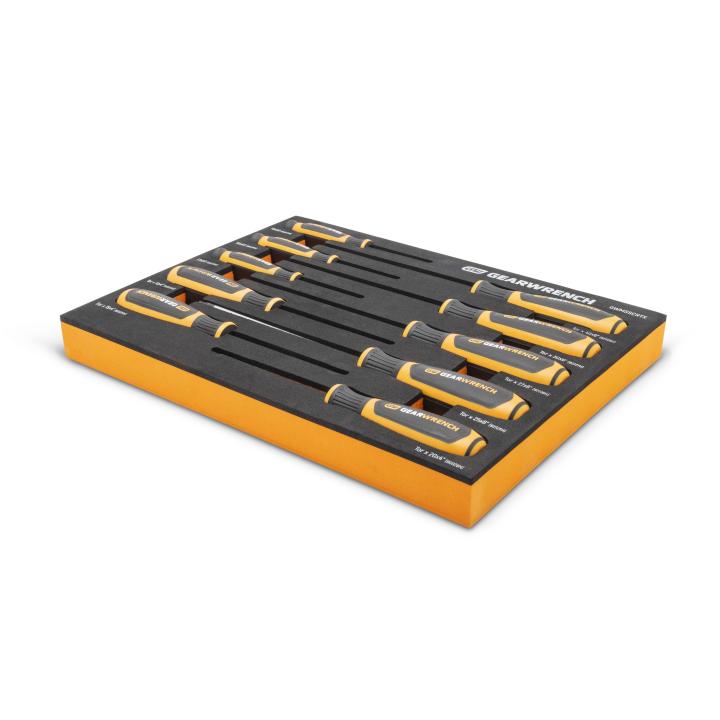 Gearwrench GWMSSCRTX 10-Piece Torx Dual Material Screwdriver Set in orange and black foam storage tray, angled view