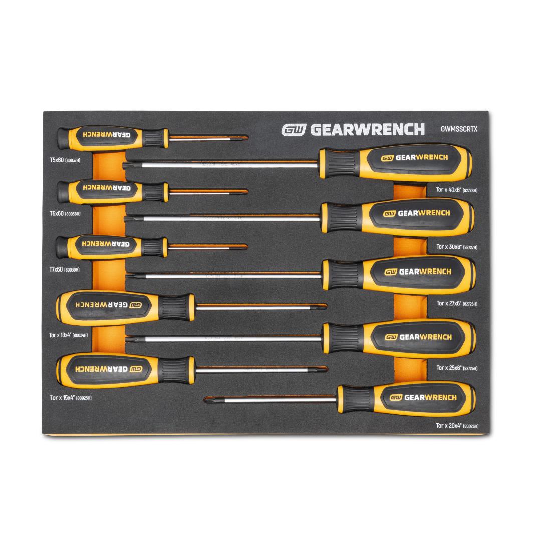 Gearwrench GWMSSCRTX 10-Piece Torx Dual Material Screwdriver Set laid out in foam storage tray, top-down view