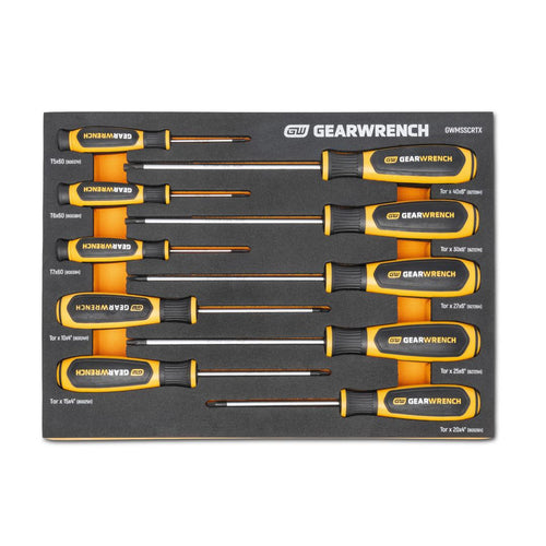 Gearwrench GWMSSCRTX 10-Piece Torx Dual Material Screwdriver Set laid out in foam storage tray, top-down view