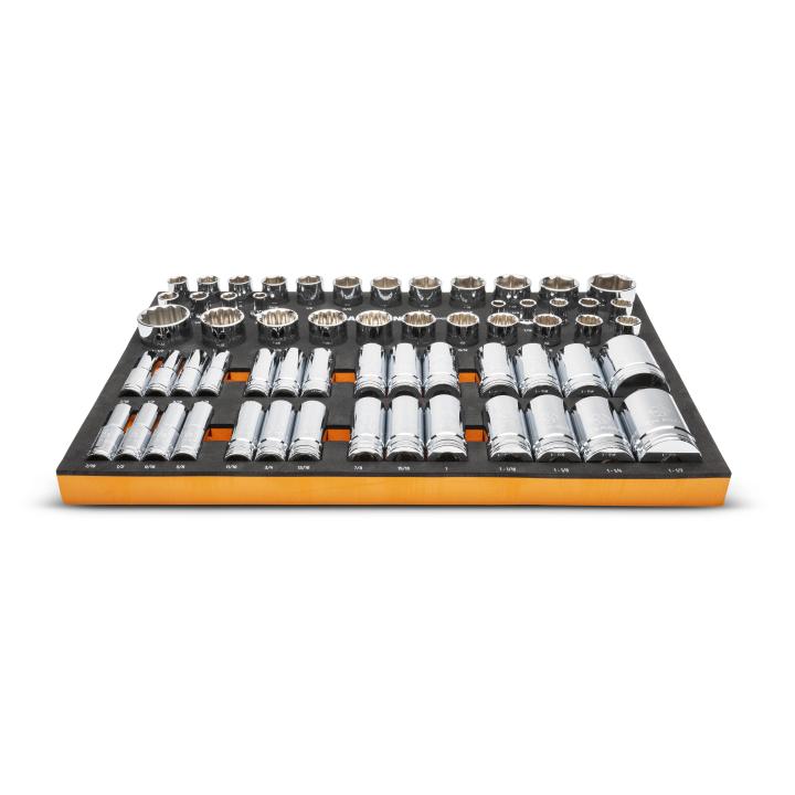 Second angled view of full 60-piece SAE socket set in orange and black foam tray