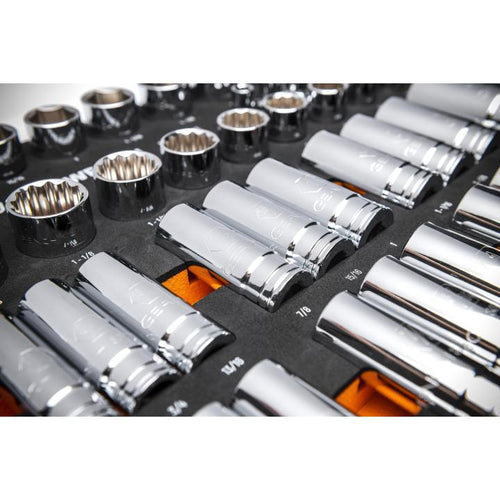Close-up of full polish chrome sockets seated in custom-cut foam storage tray