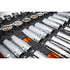 Close-up of full polish chrome sockets seated in custom-cut foam storage tray