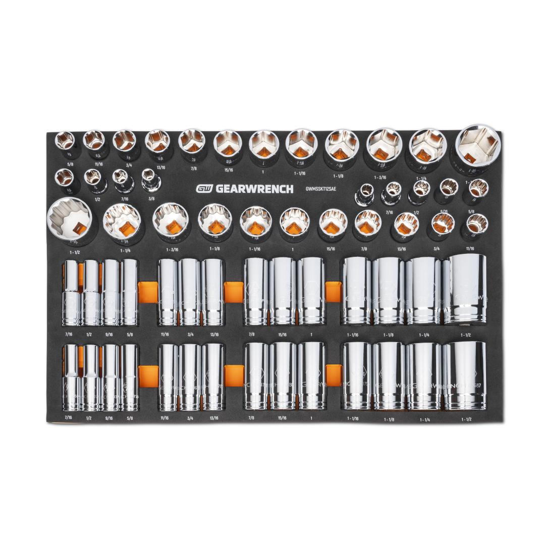 Gearwrench GWMSSKT12SAE 60pc 1/2 in Drive Master SAE Socket Set top view in black and orange foam storage tray