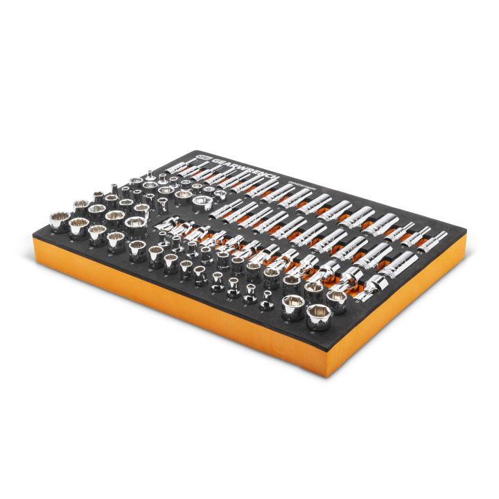 Gearwrench GWMSSKT14MM 89pc 1/4 in Drive Master Metric Socket Set in foam storage tray - angle view showing orange tray base