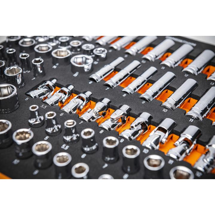 Close-up detail of Gearwrench GWMSSKT14MM socket set showing flex sockets, deep sockets, and size-labeled cutouts