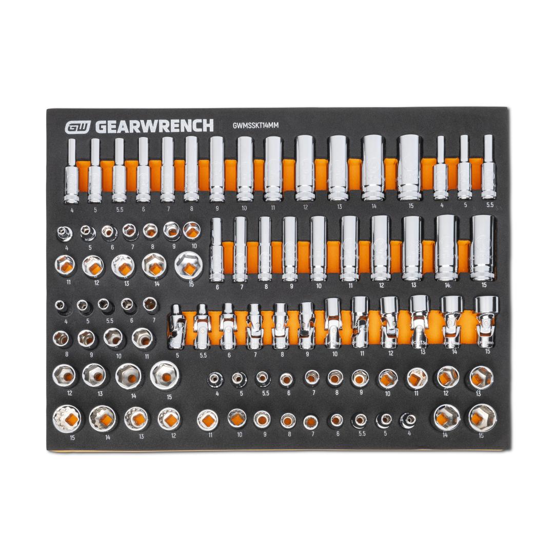 Gearwrench GWMSSKT14MM 89pc 1/4 in Drive Master Metric Socket Set in orange and black foam storage tray - top view
