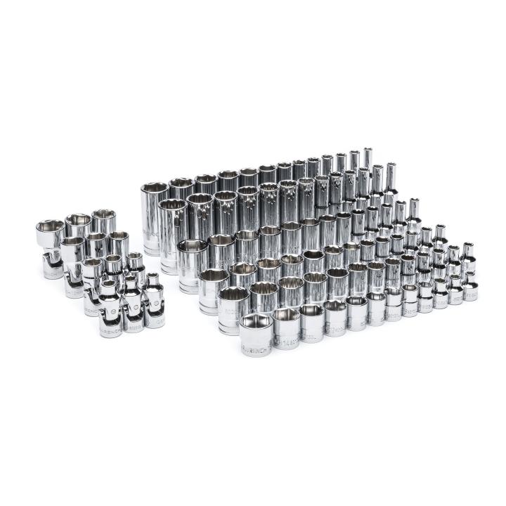 Gearwrench GWMSSKT14MM 89-piece 1/4 in Drive Master Metric Socket Set with all sockets laid out on white background
