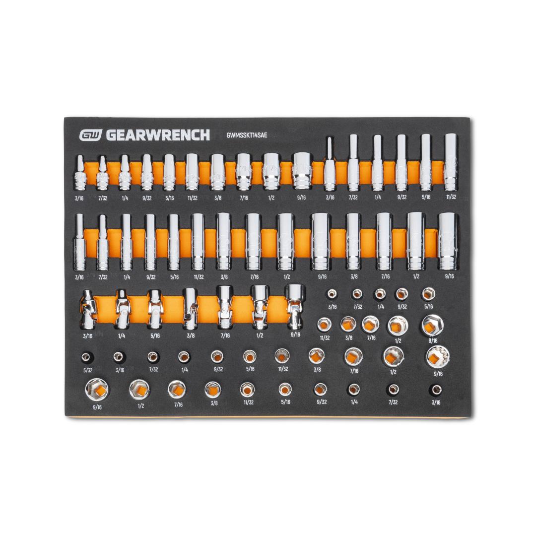 Gearwrench GWMSSKT14SAE 68pc 1/4 in Drive Master SAE Socket Set in foam storage tray - top view