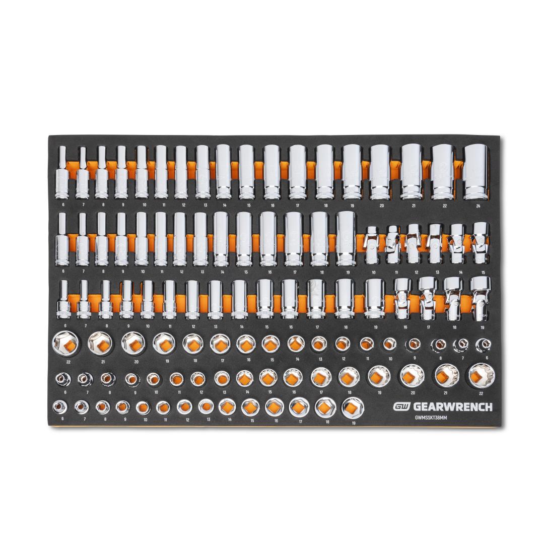 Gearwrench GWMSSKT38MM 104pc 3/8 Drive Master Metric Socket Set in Foam Storage Tray - top view
