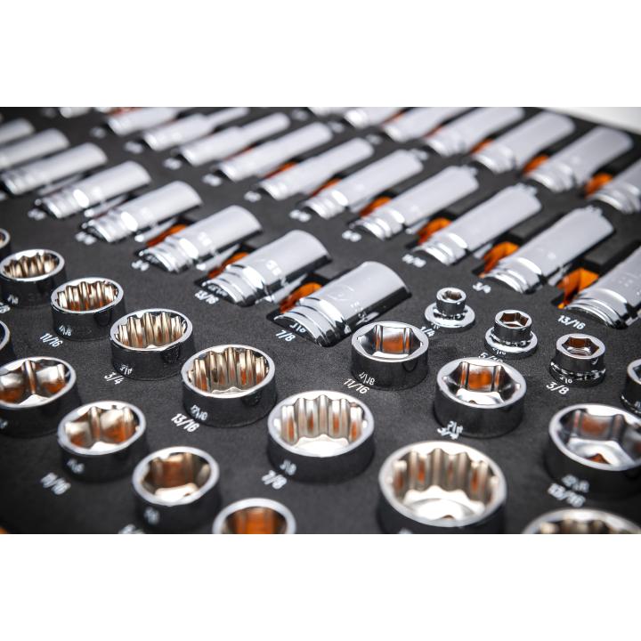 Close-up of Gearwrench 3/8" Drive SAE sockets seated in orange and black foam tray