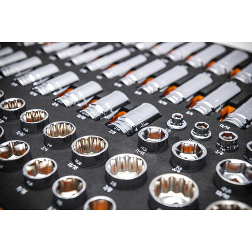 Close-up of Gearwrench 3/8" Drive SAE sockets seated in orange and black foam tray